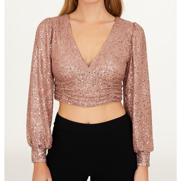 Sincerely Jules Sequin of Events Blush Sequin Surplice Long Sleeve Crop Top SZ S - Picture 1 of 9